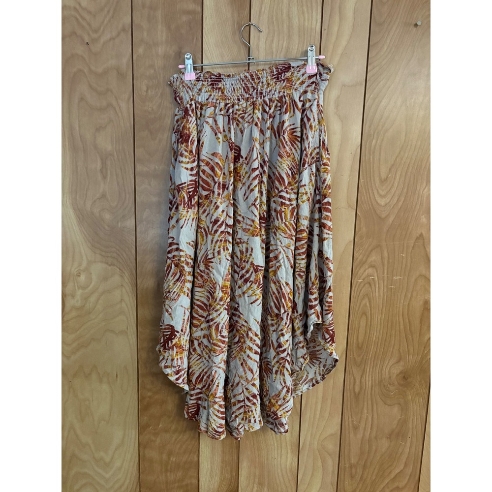 Final Touch Tropical Palm Leaf Smocked High Low Handkerchief Skirt Small Orange